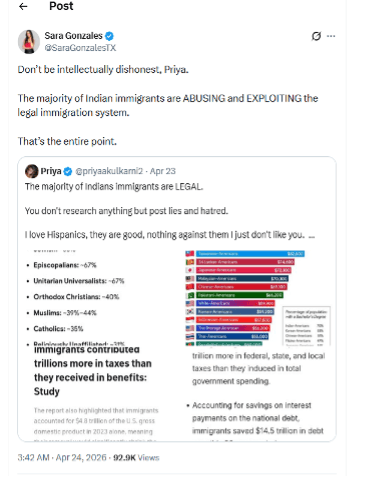 ‘Majority Indians are legal’: Indian American responds to Sara Gonzales’ viral claims on X