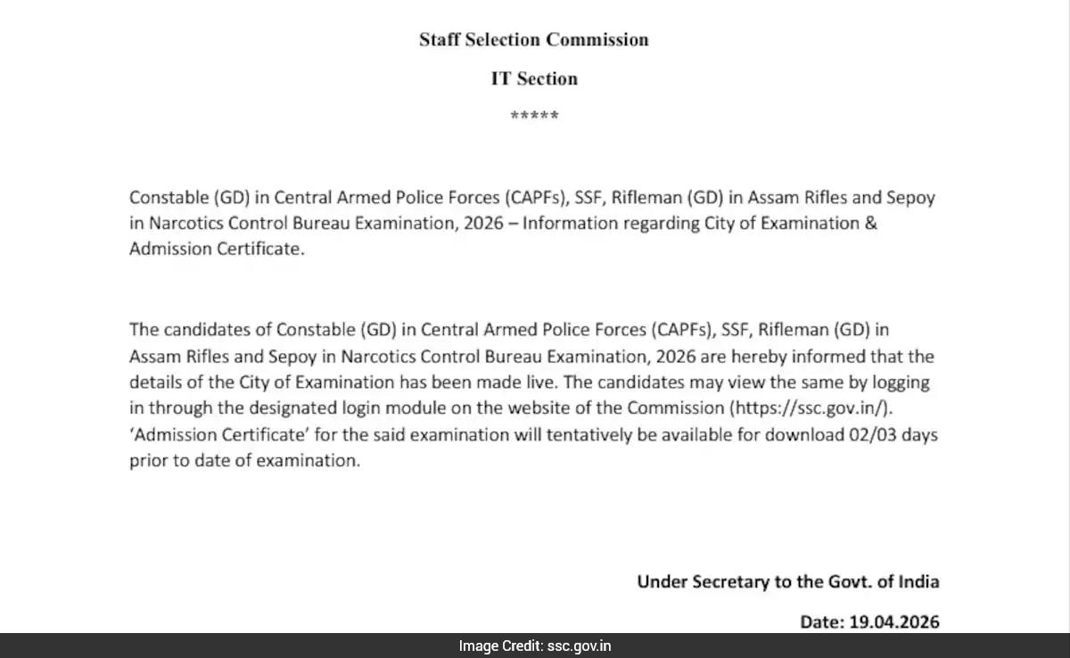 SSC GD Constable Exam 2026: City Intimation Slip Released, Get Direct Link