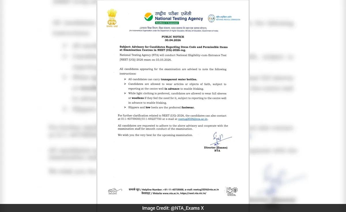 NEET UG 2026 Dress Code: NTA Releases Guidelines Ahead Of May 3 Exam
