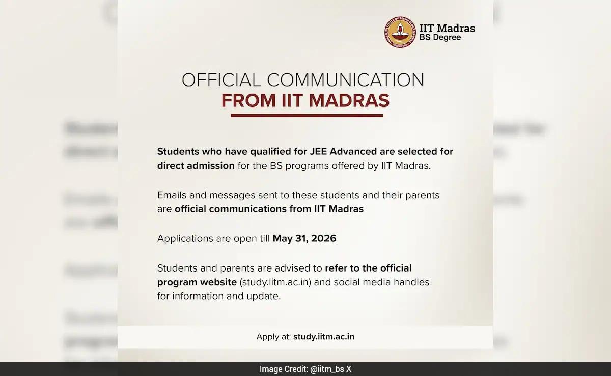 JEE Advanced 2026 Cleared? Apply Directly For IIT Madras Bachelor Of Science Programme By May 31