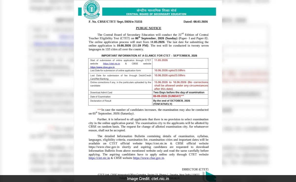 CTET September 2026 Notification Out; Applications Now Open Online