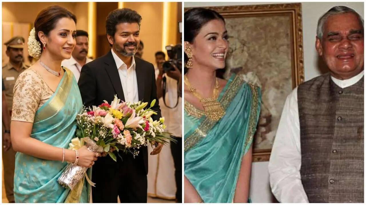 Trisha’s blue saree at Vijay’s swearing-in reminds fans of Aishwarya