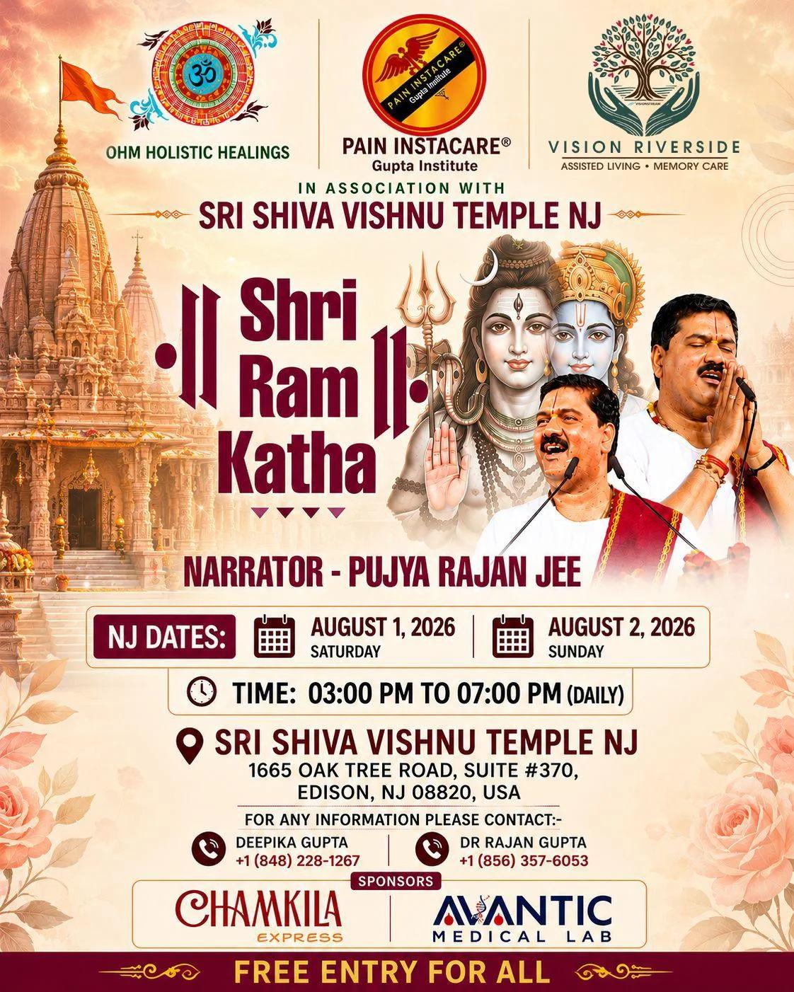 Shri Ram Katha at Sri Shiva Vishnu Temple, NJ – Two-Day Divine Spiritual Discourse by Pujya Rajan Jee