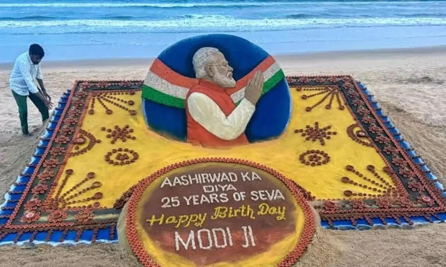 PM Modi’s 76th Birthday Special: 25-Foot Sand Art with 2,500 Diyas at Puri Beach