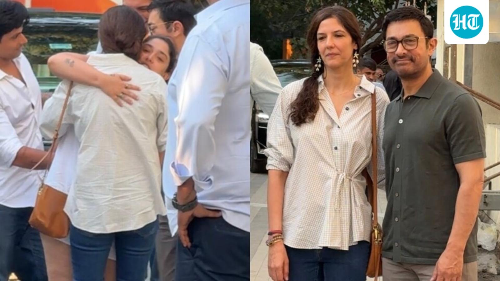 Aamir Khan, Gauri Spratt sweetly hold hands as they receive hugs from Ira Khan at Junaid Khan's Ek Din screening